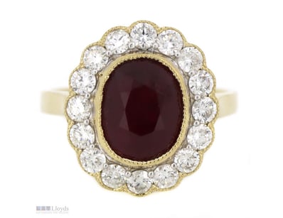 14K WHITE GOLD, RUBY AND DIAMOND, HALO RING.      ...
