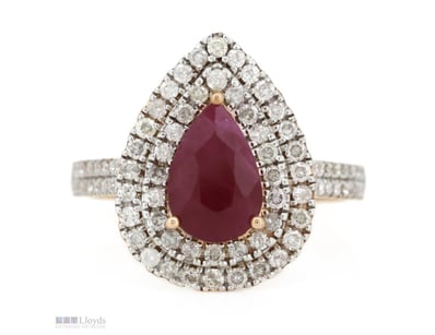 14K ROSE GOLD, RUBY AND DIAMOND, DOUBLE HALO RING....