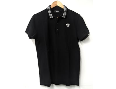 VERSACE BLACK POLO SHIRT WITH GREEK KEY COLLAR, SI...