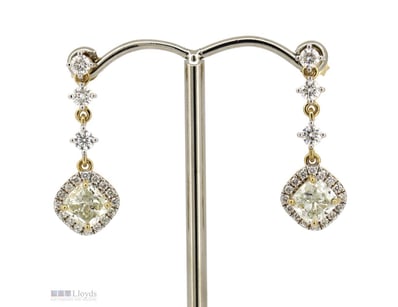 14K YELLOW GOLD AND DIAMOND, HALO DROP EARRINGS.  ...