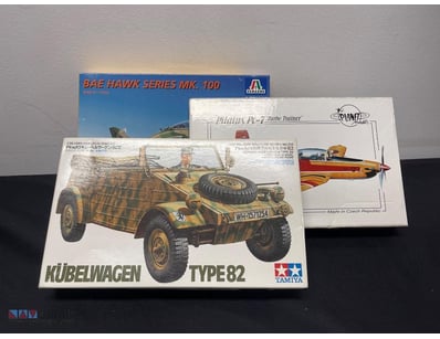 LOT OF THREE SCALE MODEL KITS - BAE HAWK, KÜBELWAG...
