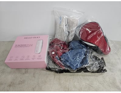 Assorted clothing, golf head covers and Hello Silk...