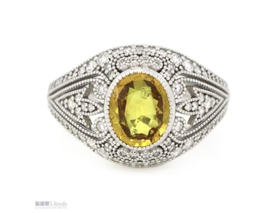 14K WHITE GOLD, YELLOW SAPPHIRE AND DIAMOND, CLUST...