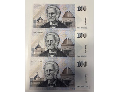 X3 AUSTRALIAN $100 BANKNOTES, R609 (AUNC)

CV: $...