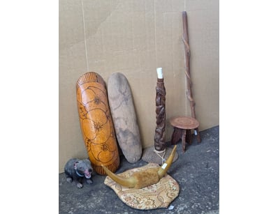 Homewares, including carved timber lamp, Tasmanian...