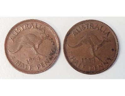 2X 1954 HALF PENNY AUSTRALIAN COINS

488567+6
...