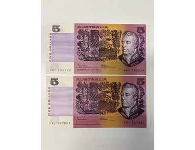 AUSTRALIAN $5 BANKNOTES, R209A (UNC)

CV: $45 EA...