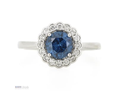 14K WHITE GOLD, BLUE DIAMOND AND DIAMOND, HALO RIN...
