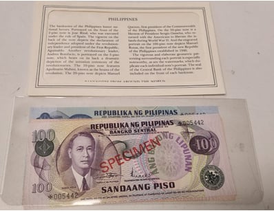 PHILIPPINES 100 PISO BANKNOTE - SPECIMEN NOTE

A...