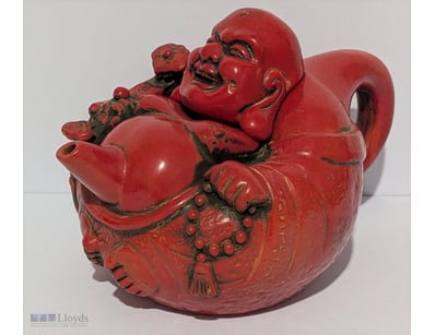 HEAVY BUDDHA RED TEAPOT, CHINESE MAKERS MARK ON BA...