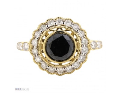 14K YELLOW GOLD, BLACK DIAMOND AND DIAMOND, ANTIQU...