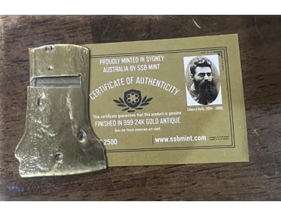 2016 "NED KELLY" HELMET INGOT, 999 24K ANTIQUE GOL...