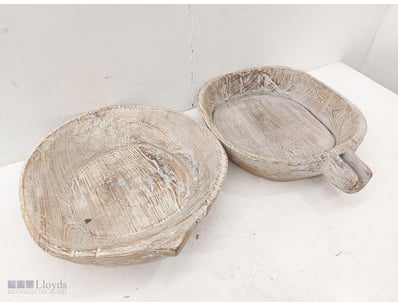 Pair of whitewashed wooden bowls approx 53cm x 43c...