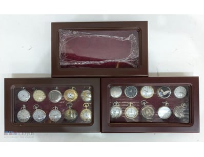 COLLECTION OF TEN POCKET WATCHES IN WOODEN DISPLAY...