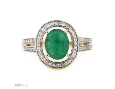 14K YELLOW GOLD, EMERALD AND DIAMOND, SPLIT BAND H...