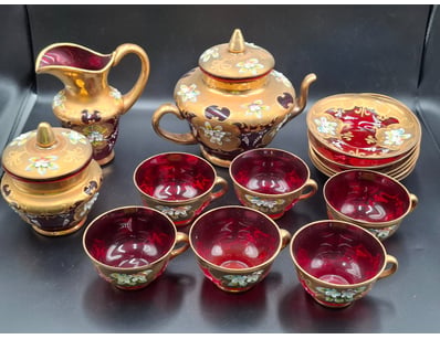 VENETIAN RUBY GLASS TEA SET

Includes Teapot, Mi...