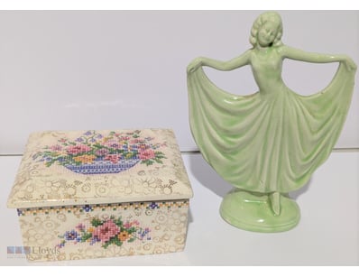 OLD ENGLISH NEEDLEPOINT TUNSTALL ENGLAND LIDDED BO...