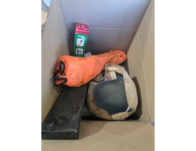 Assorted box containing kids camp chair, pipe part...