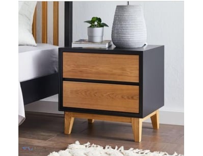 Modern two-drawer bedside table featuring a striki...