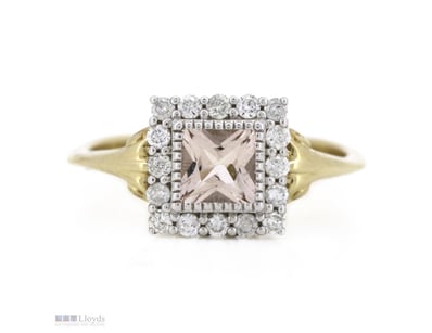 14K YELLOW GOLD, MORGANITE AND DIAMOND, HALO RING....