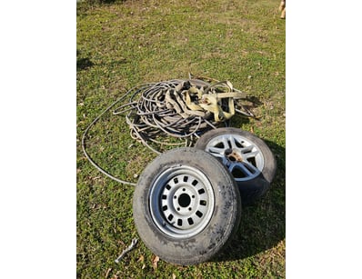 Assorted tyres, hoses, straps, tow rope

Sold as l...