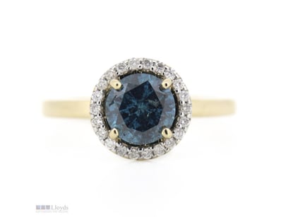14K YELLOW GOLD, BLUE DIAMOND, HALO RING.      

T...