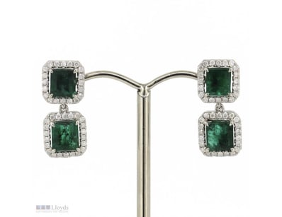 PLATINUM 950, EMERALD AND DIAMOND, HALO DROP EARRI...
