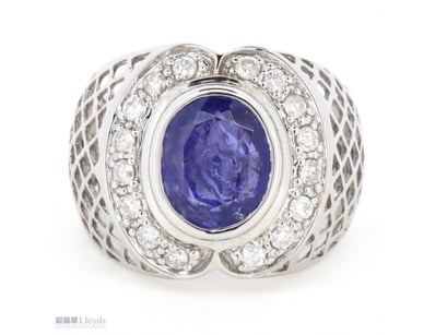 14K WHITE GOLD, TANZANITE AND DIAMOND, GENTS RING....