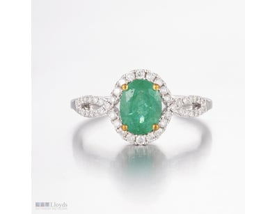 14CT WHITE GOLD ZAMBIAN EMERALD AND DIAMOND HALO R...