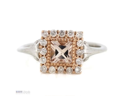 14K WHITE GOLD, MORGANITE AND DIAMOND, SQUARE HALO...