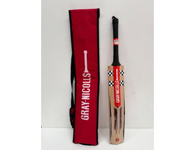 Gray Nicolls cricket bat featuring red branding an...