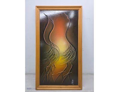Contemporary framed artwork featuring two stylized...