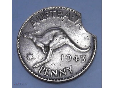 ERROR 1943 KGVI CLIPPED AUSTRALIAN PENNY, IN VERY ...