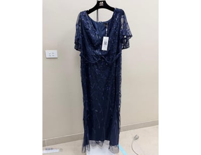 NAVY BLUE BEADED EVENING GOWN WITH FLUTTER SLEEVES...