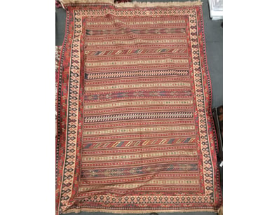 TURKISH WOOL HANDMADE KILIM RUG WITH STRIPED GEOME...