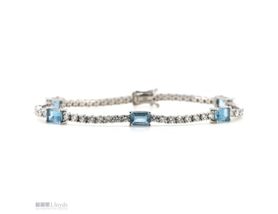 14K WHITE GOLD, AQUAMARINE AND DIAMOND, LINE BRACE...