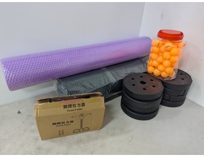 Assorted sports lot, includes foam roller, pedal p...