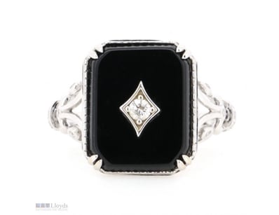 14K WHITE GOLD, ONYX AND DIAMOND, ART DECO INSPIRE...