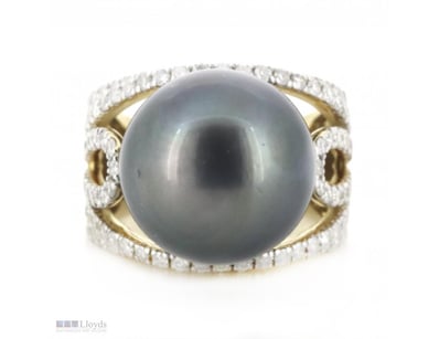 14K YELLOW GOLD, BLACK CULTURED TAHITIAN PEARL AND...