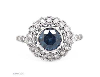 14K WHITE GOLD, BLUE DIAMOND AND DIAMOND, HALO RIN...