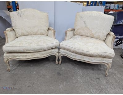 Occasional chairs, timber frame, cream patterned u...