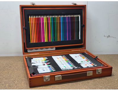 Pencil and paint set in timber case

