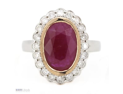 14K WHITE/ROSE GOLD, RUBY AND DIAMOND, HALO RING. ...