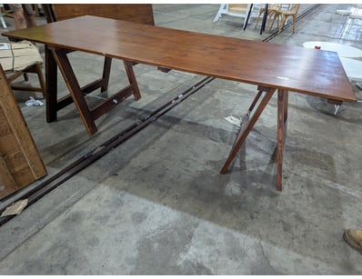 Outdoor table, timber, a frame legs attached to ta...