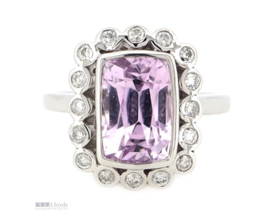 14K WHITE GOLD, KUNZITE AND DIAMOND, HALO RING.   ...