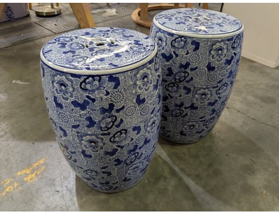 Pair of blue and white ceramic garden stools featu...