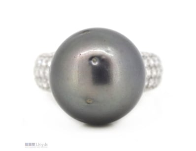 14K WHITE GOLD, BLACK CULTURED  TAHITIAN PEARL AND...