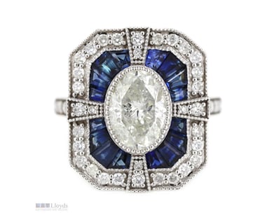 14K WHITE GOLD, BLUE SAPPHIRE AND DIAMOND, ART DEC...