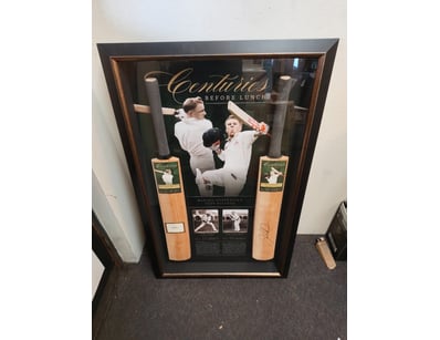 SIGNED CRICKET BAT DISPLAY - "CENTURIES BEFORE LUN...