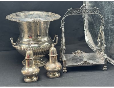 VICTORIAN SILVER PLATED CONDIMENT AND TABLEWARE SE...